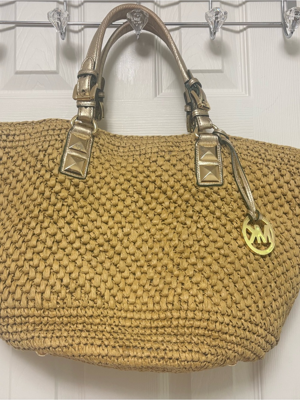 Michael Kors Woven Straw Satchel in Mustard with Gold Accents